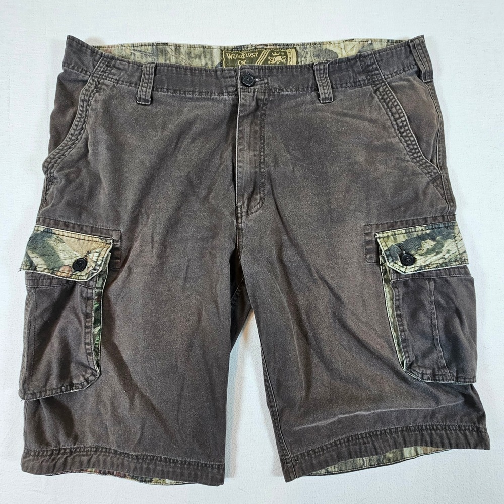 WearFirst Cargo Shorts Mens 42 Brown Camo Accent Utility Rugged Cotton Outdoor